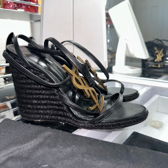 SAINT LAURENT Cassandra Wedge Espadrilles In Leather With GOLD Monogram EUR 42 - Picture 3 of 5